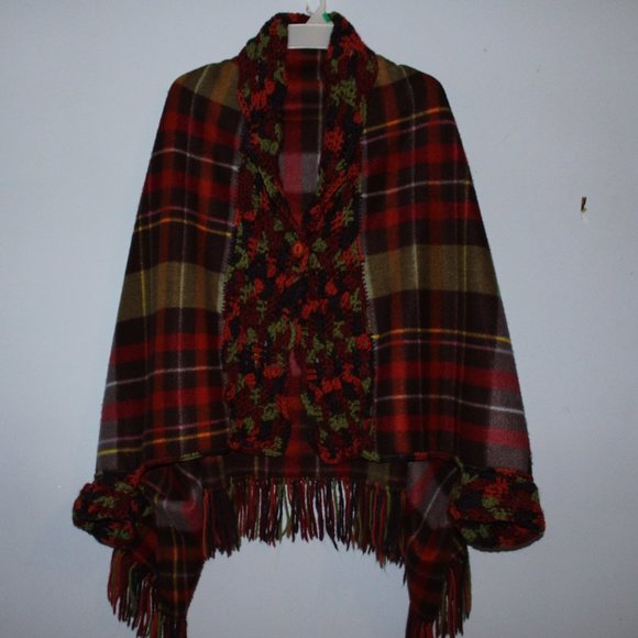 Hand Crafted Jackets & Blazers - EUC Handmade Fleece Poncho Cape with Hand Crocheted Trim and Fringe